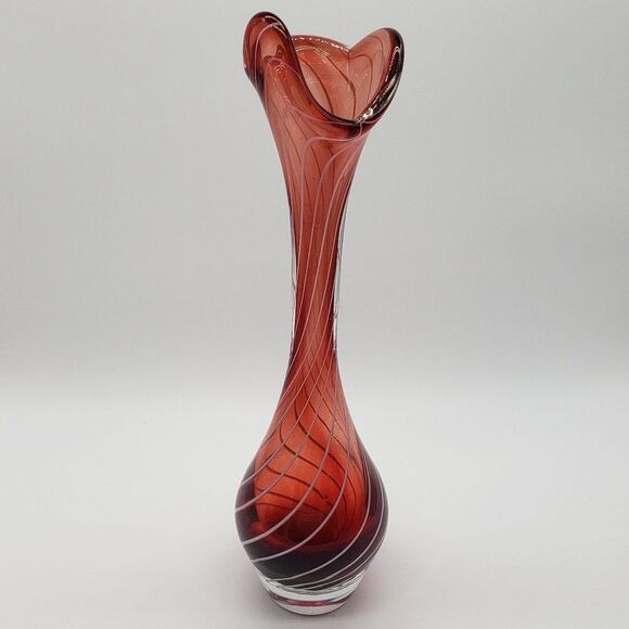 Vintage Esborg, Denmark 1970s Red Cranberry White Swirl Art Glass Vase - Picture 1 of 13